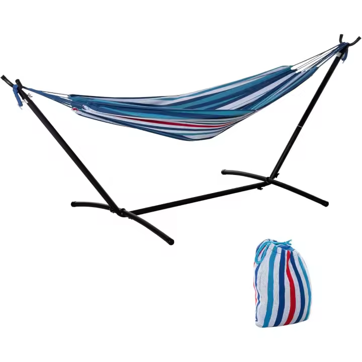 Hamaca con Soporte 310x117 cm Hamaca de Camping con Bolsa de Transporte Portátil Altura Ajustable Carga 120 kg para Patio Terraza Rayas Azul y Blanco - 1