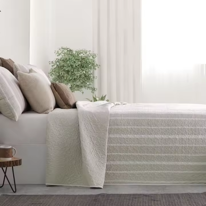 Manterol - Colcha bouti reversible estampado rayas y espigas beige, azul y gris. Cubrecama ideal para primavera, verano y entretiempo. Colcha fina, extra suave y ligera. - 1