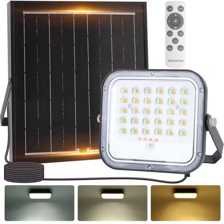 Aigostar - Foco proyector LED solar con mando a distancia,4000mAH,gran panel solar y batería de gran capacidad,regulable 3000/4000/6500K,IP66,cable 2m,Luz solar para exterior y jardín,patios. - 1