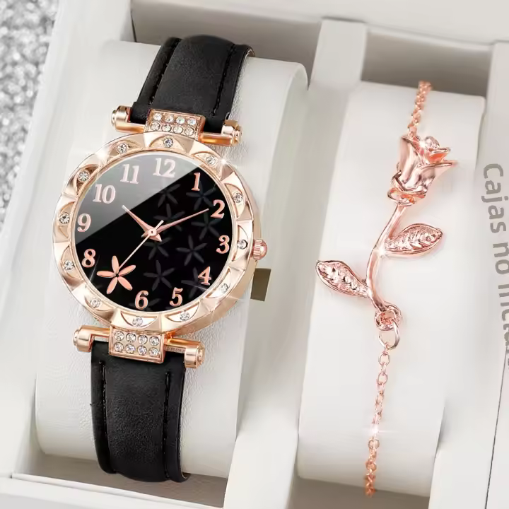 Reloj De Mujer De Cuero Con Dial De Flor 2PCS/set Reloj Analógico De Cuarzo Con Pulsera De Rosas Sin Caja Estilo Casual Y Moda - 1
