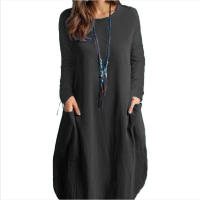 Vestido Largo Casual De Mujer Para Otoño Con Bolsillos Y Cuello En V Estilo Europeo Y Americano Algodón Y Lino Suelto - details 6