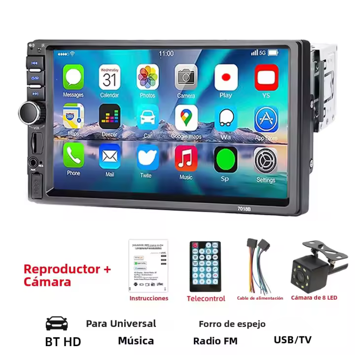 Reproductor Multimedia MP5 Para Coche HIPPBQCC 7 Pulgadas 1 DIN Pantalla Táctil FM ISO Entrada Auxiliar Bluetooth USB Línea De Espejo Autoradio - 1