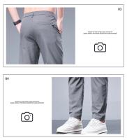 Pantalones Negocios Veraniegos Rectos Para Hombre Cintura Elástica Algodón De Seda Cómodo Transpirable Negro Gris Pantalones Casuales De Traje - details 6