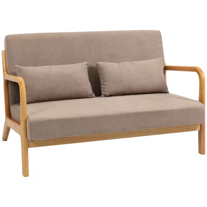 HOMCOM Sofá de 2 Plazas con Cojines Sofá Doble Aspecto Terciopelo Loveseat para Salón Dormitorio Madera de Caucho Gris Claro 122 x 80 x 72 cm - 1
