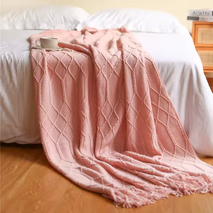 Manta De Terciopelo Texturizado Nórdico Para Sofá Y Decoración De Cama Con Borlas Manta De Viaje Azul Estilo Rústico Farmhouse - 1