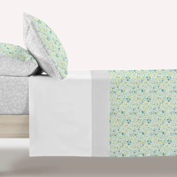 Manterol - Juego de sábanas 100% algodón estampado decora hojas. Tejido ligero, fresco y duradero. - 1