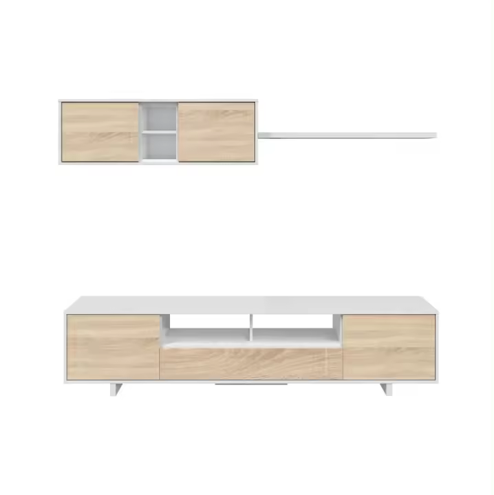 Meimon Conjunto de salón BELUS en Blanco Brillo y Roble Canadian con mueble TV de 3 puertas, módulo superior de 2 puertas y estante de colgar, con herrajes metálicos, colgadores regulables, sistema pasacables y materiales E1 resistentes y duraderos - 1