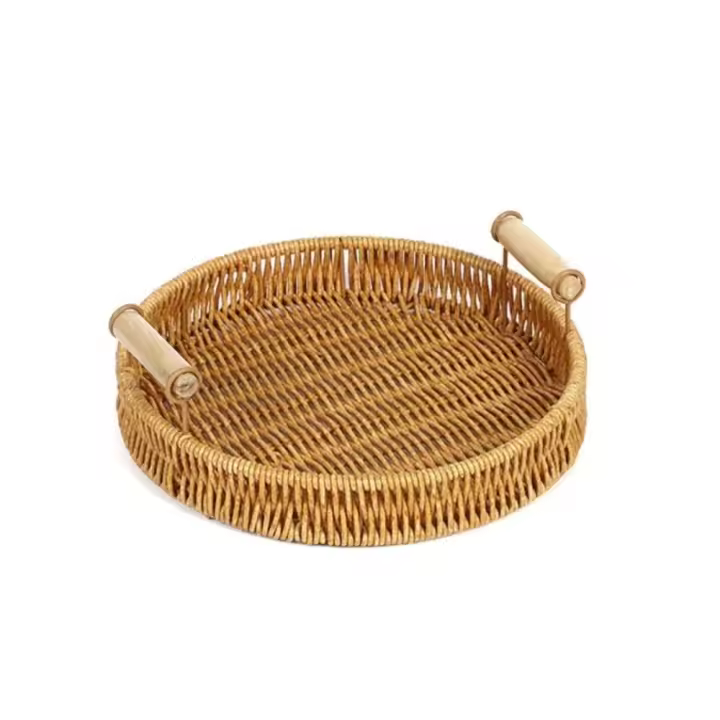Bandeja De Alimentos De Plástico Tejida a Mano En Rattan Para Frutas Verduras Pasteles Forma Redonda Cesta De Almacenamiento Con Mango - 1