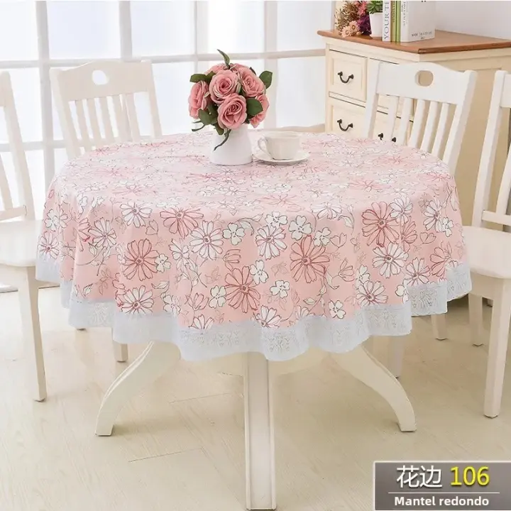 Mantel Redondo De Tela Y Plástico PVC Impermeable Y Resistente Al Aceite Lavable Estilo Moderno Con Patrón Floral Para Hogar Y Fiestas - 1