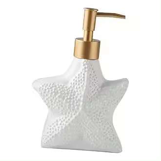 Dispensador de jabón en forma de estrella de mar, botella de loción de cerámica blanca con bomba dorada mate noble, decoración temática oceánica para fregadero de cocina o baño - 1