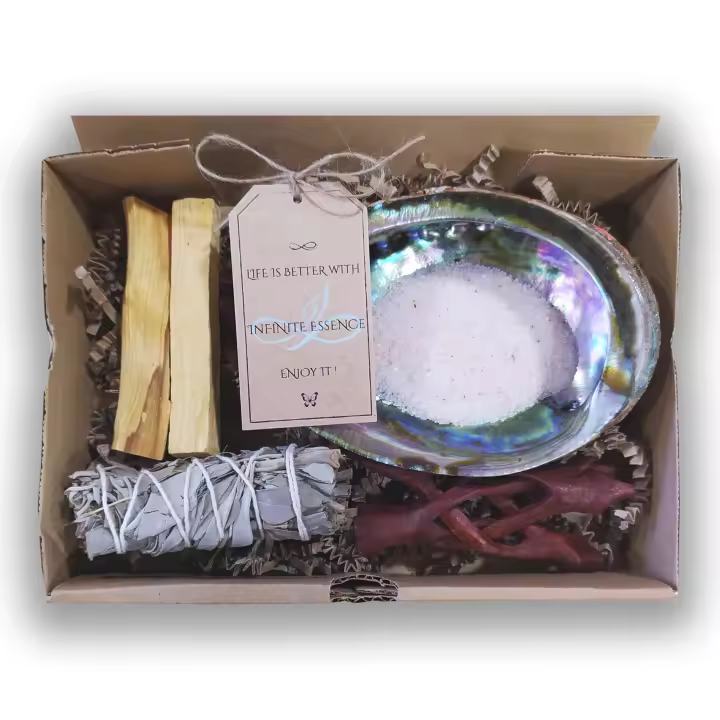 LAMARE Smudge - Kit de Limpieza - 1 Salvia Californiana - 2 Sticks Palo Santo Perú - Avulón Mexicano con Soporte - Sal del Himalaya - Kit Limpieza y Purificación. - 1
