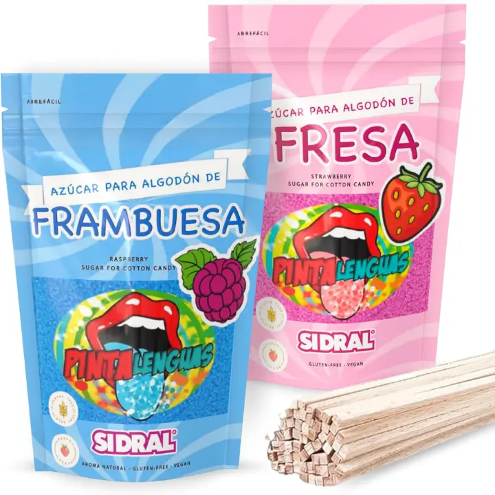 PINTALENGUAS Azucar para Máquina Algodón Pintalenguas (2 x 250 gr) + 25 Palitos para Degustación - 2 Sabores (Fresa y Frambuesa), Azúcar para Algodón de Azúcar - Ideal para Fiestas - 1