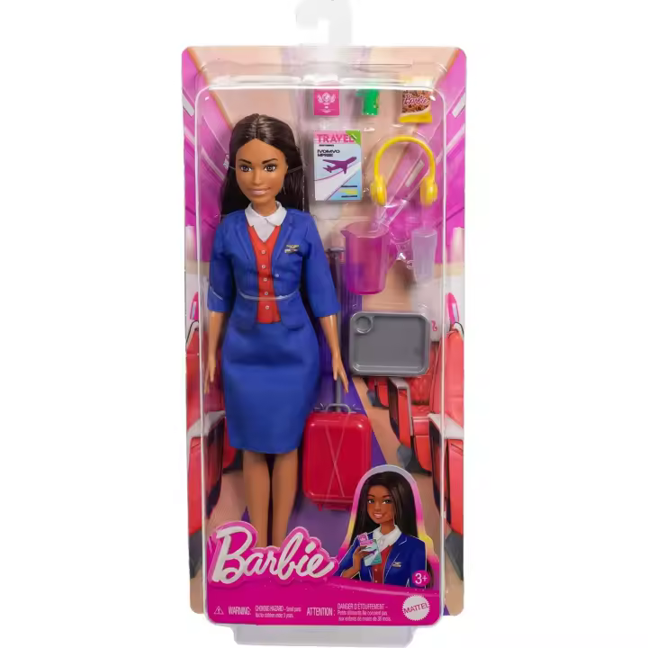 Barbie Flight Attendant - Muñeca morena en uniforme azul desmontable, incluye maleta con ruedas, auriculares y accesorios para pasaporte (Mattel HYT60) - 1