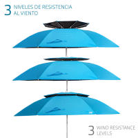Aktive - Sombrilla playa antiviento, 200 cm, de poliéster y aluminio, con 8 varillas fibra de vidrio, efecto chimenea, 3 niveles de resistencia al viento, ajustable e inclinable, color azul - details 2