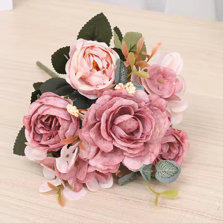 Retro Bouquet De Flores Artificiales Rosa De Seda Hydrangea Peony Vintage Para Novia Decoración De Casa Para Boda Accesorios - 1