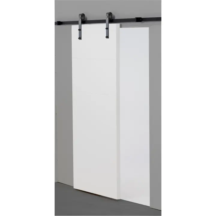 AZERO - Kit herrajes puerta corredera, puerta granero, guía de 2m o 3m, disponibles en blanco (B) y negro (N) mate. Modelo en forma de J. Carga máxima 130Kg - 1