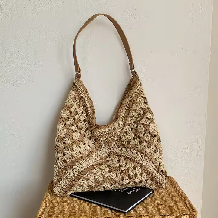 Bolso De Hombro Para Mujer De Paja Tejida Tamaño Medio Con Manija Para Vacaciones De Playa Estilo Casual Con Bolsillo Para Teléfono Móvil - 1