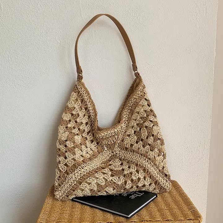 Bolso De Hombro Para Mujer De Paja Tejida Tamaño Medio Con Manija Para Vacaciones De Playa Estilo Casual Con Bolsillo Para Teléfono Móvil - 1