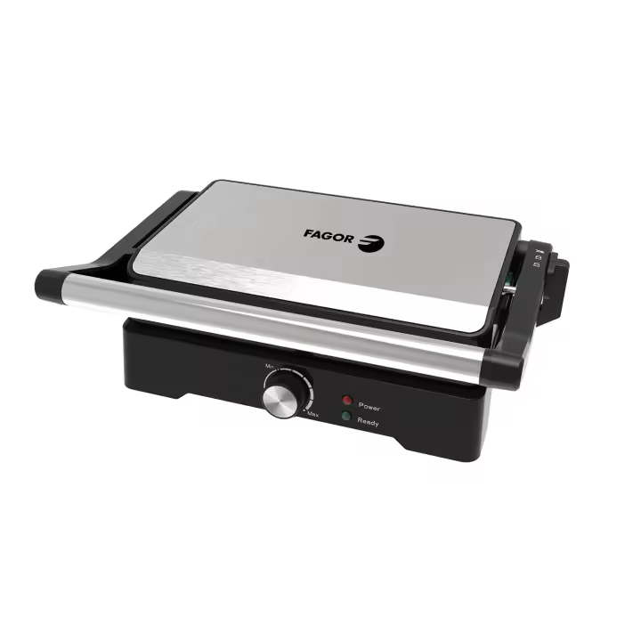 Grill Multifunción 1200W, Control Temperatura, Superficie Cocinado XL (27,5 x 17,3 cm), Apertura 180º, Asa de tacto frío, Plata, FAGOR RoastGrill FGE08021 - 1