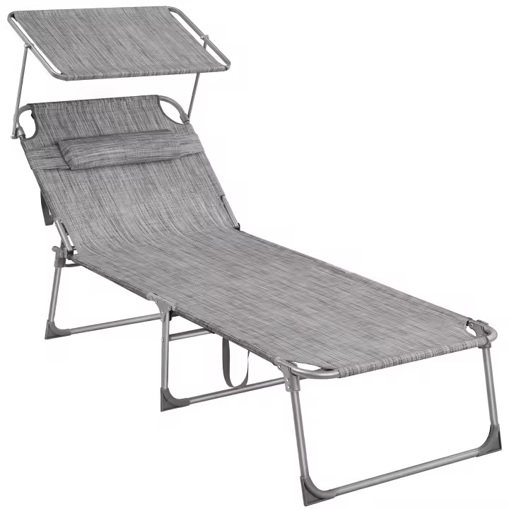 SONGMICS Tumbona, Tumbona Plegable, Tumbona Reclinable, 71 x 200 x 38 cm, Carga de 150 kg, con Reposacabezas Protección Solar y Respaldo Ajustable, para Terraza Piscina Jardín, Greige/Azul/Topo - 1