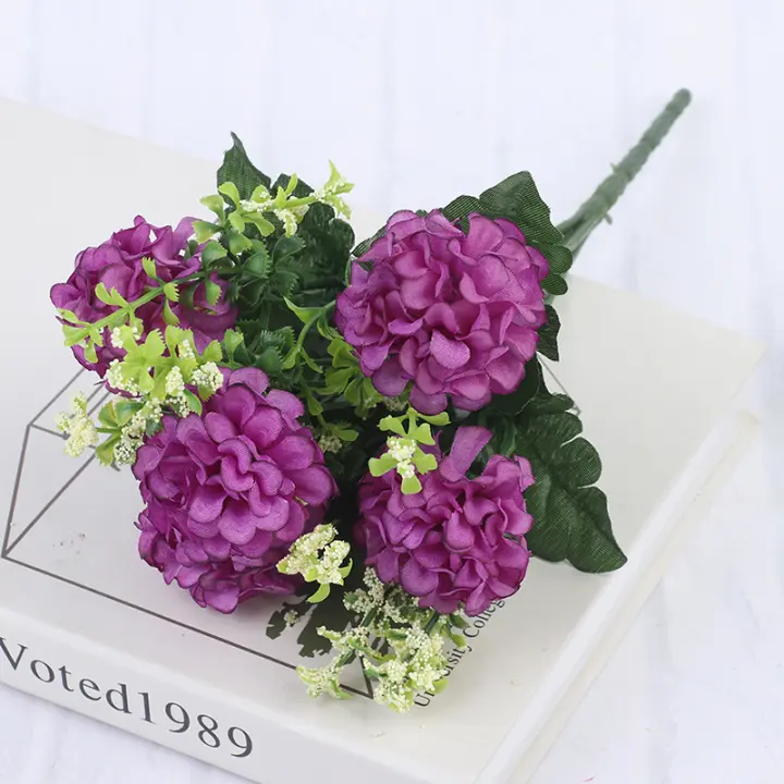 Bouquet De 1 Hoja De Hydrangea Silken Flower Artificial 5 Cabezas Flores Falsas Lujo Bouquet Para Bodas Y Decoración Del Hogar - 1