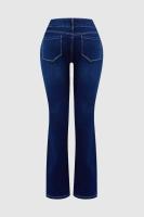 Pantalones Vaqueros De Cintura Alta Para Mujer Con Detalle De Botón Y Ajuste Slim Fit En Azul Oscuro Con Estiramiento Cómodo Moda Casual Elegante - details 4