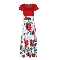 Vestido Largo De Maxi Con Cuello Redondo Y Manga Corta Elegante Vestido De Mujer Con Cintura Ajustada Y Estampado Splicing - details 12