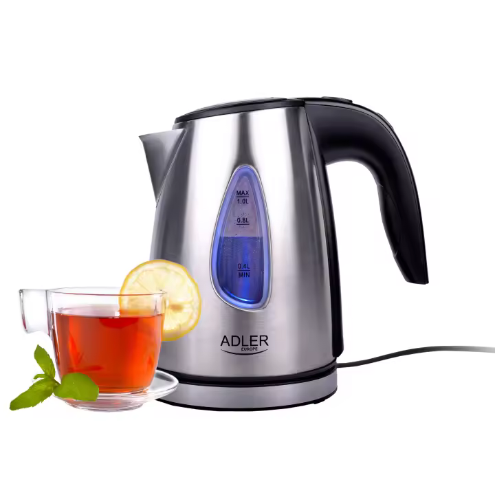 Adler AD1203 Hervidor Agua Eléctrico, 1 L, Jarra Cristal, sin BPA, Resistencia Oculta, Inalámbrico, 1600W, Plata - 1