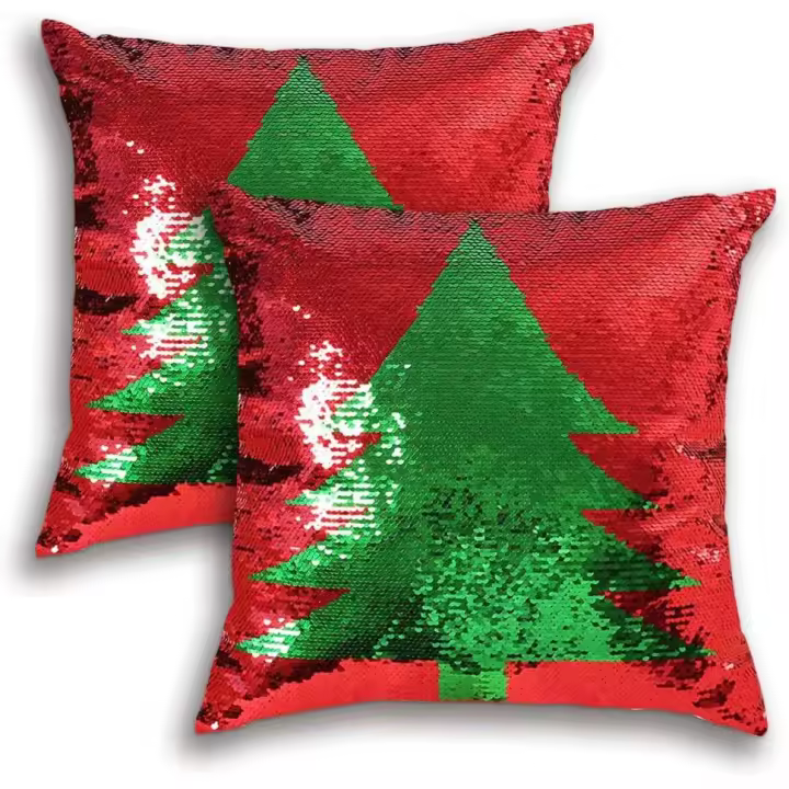 Funda de almohada reversible con lentejuelas, funda de almohada con lentejuelas navideñas, juego de 2 fundas de almohada decorativas con diseño de sirena roja mágica (árbol rojo) - 1