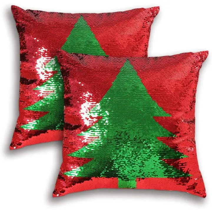 Funda de almohada reversible con lentejuelas, funda de almohada con lentejuelas navideñas, juego de 2 fundas de almohada decorativas con diseño de sirena roja mágica (árbol rojo) - 1