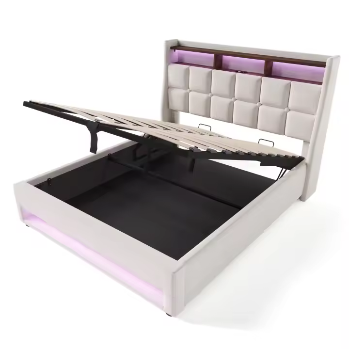 Cama tapizada con USB 160x200 cm, Cama Doble LED con somier de metal, somier Juvenil de Material de Lino (con colchón) - 1