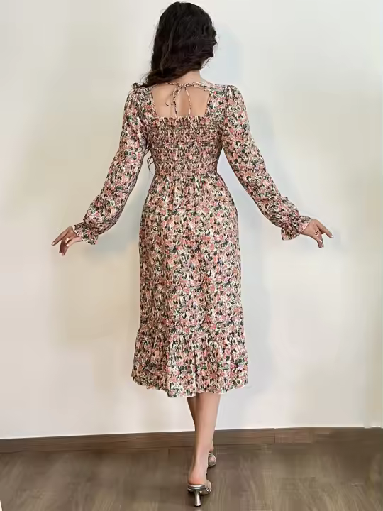 Vestido Midi De Mujer Casual Primavera Otoño Largo Manga Cuello Abierto Floral Impresión A-Line Vestido De Chiffón Con Cintura Elástica Y Cremallera En La Cintura - 1