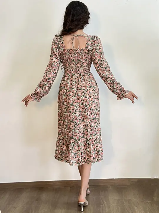Vestido Midi De Mujer Casual Primavera Otoño Largo Manga Cuello Abierto Floral Impresión A-Line Vestido De Chiffón Con Cintura Elástica Y Cremallera En La Cintura - 1