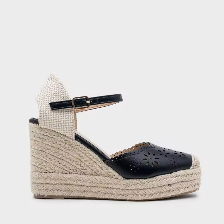 Cuñas de Esparto con Detalles Calados, Alpargata de Cuña de Yute con Hebilla para Verano, Sandalias de alpargatas de cuña alta con aberturas florales, Boho Chic - 1
