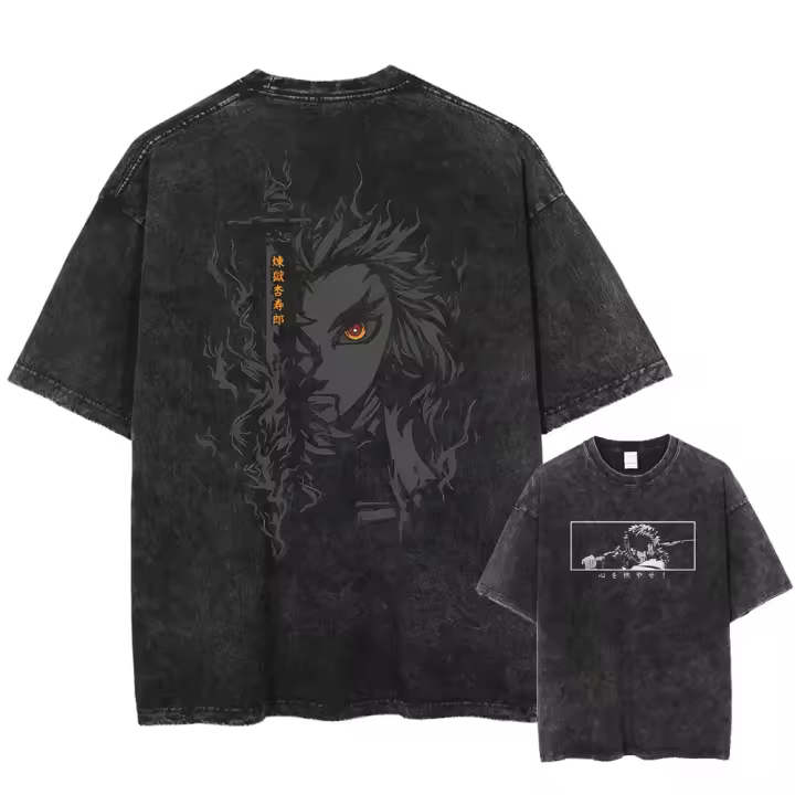 Camiseta Vintage Lavada Anime Demon Slayer Para Hombres Harajuku Oversize Tee Algodón Moda Streetwear Unisex Tops - 1