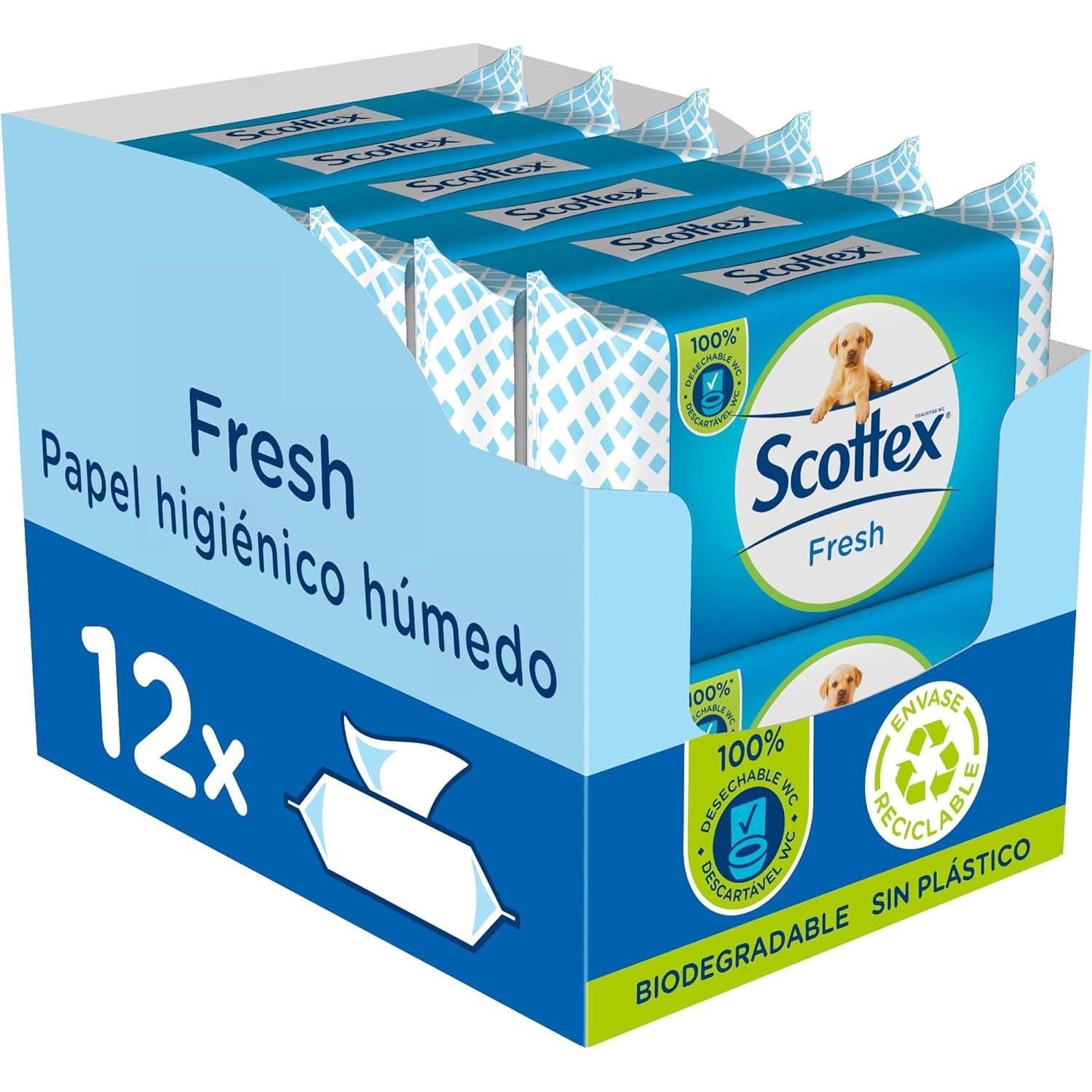 Scottex Papel Higiénico Húmedo Fresh con Agua Micelar y Vitamina E, Biodegradable y Sin Plástico, Caja 12 packs de 74 servicios Toallitas Húmedas Desechables por WC