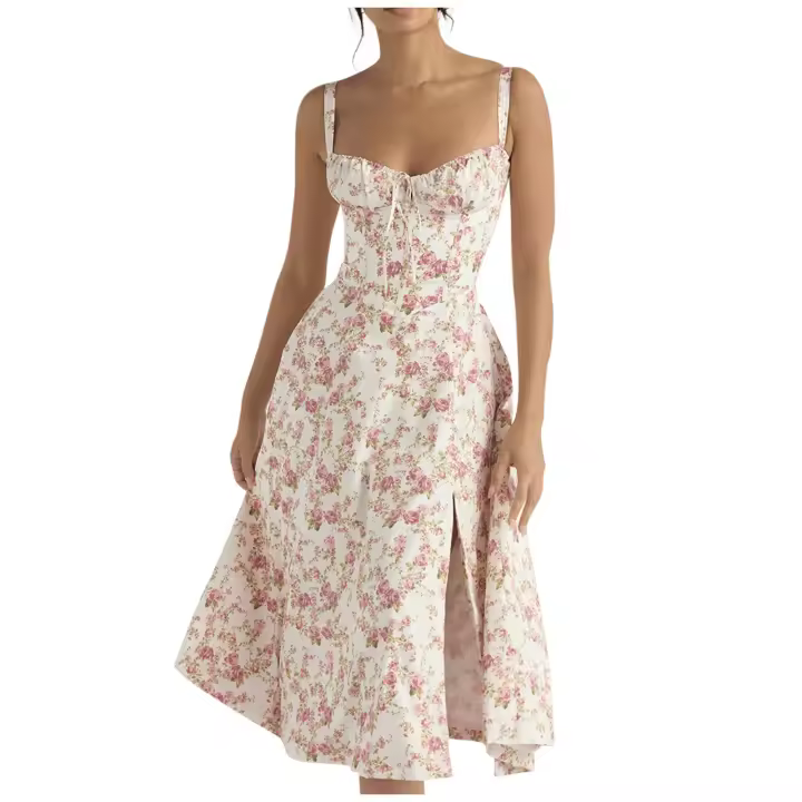 Vestido De Playa Para Mujer Con Estampado Floral Cuello Cuadrado Ajuste Frontal Y Abertura En Pierna Midi Polyester Sin Mangas Vestido De Noche - 1