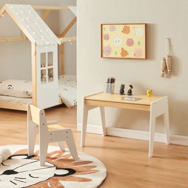 Juego de mesa y silla infantil Skinnskatteberg - Natural/Blanco [en.casa] - 1