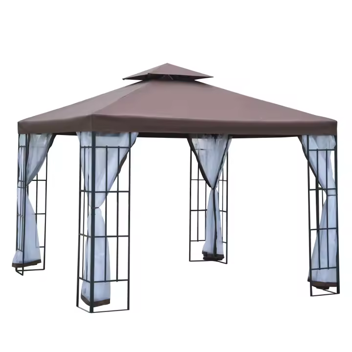 Outsunny Cenador de Jardín 3x3 m Pabellón para Exterior con Doble Techo de Ventilación 4 Mosquiteras Extraíbles y Marco de Acero Protección Solar para Fiestas Eventos Café - 1