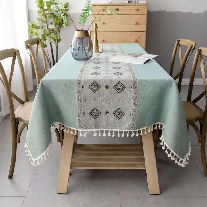 Mantel rectangular de Lino y Algodón, lavable, Con borlas, para Jardín, Cocina, Coque, decoración de Mesa (verde, 140x180 cm) - 1