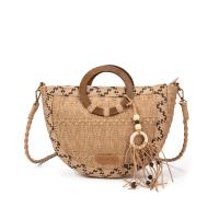 Bolso artesanal de rafia natural para mujer, bolso boho chic hecho a mano con asa redonda de madera y asa larga de rafia, forro de lino y detalles en macramé, ideal para verano, ciudad o escapadas | MAC&NOA - details 0