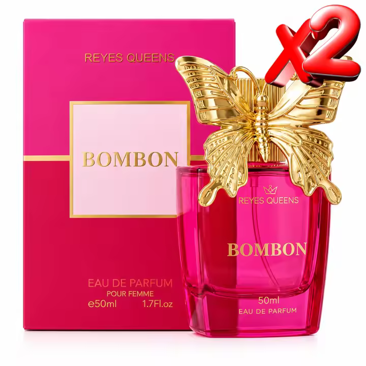 Pack 2 Unidades Perfume Mujer Bombon Eau de Parfum 50ml Reyes Queens | Fragancia Floral Frutal Dulce con Vainilla, Pitahaya y Pachulí | Perfume Elegante de Larga Duración con Frasco Mariposa Dorada - 1