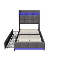 Cama Individual 90x200 cm – Tela Gris con LED, Cajones y Puertos USB/Type-C - details 2
