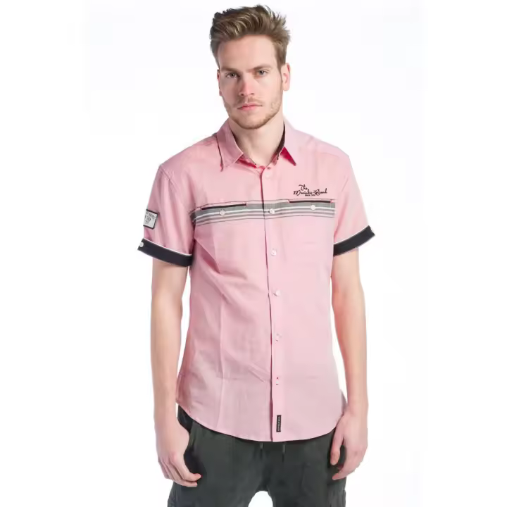 Koroshi - Camisa manga corta para hombre de 100% algodón con rayas en el pecho, dos bolsillos y bordado Koröshi – Modelo 28208 - 1