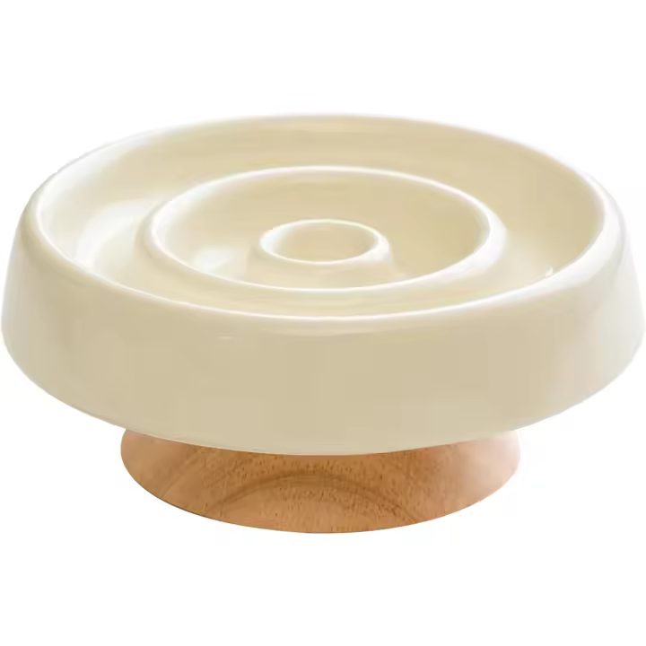 Comedero de Cerámica para Gatos de Alimentación Slow, Elevado y con soporte de Madera, forma circular (1 Cuenco con soporte, color crema, 15,5 cm) - 1
