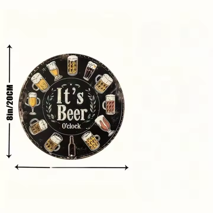 Cartel Redondo De Aluminio De 8" X 8" Con Imagen 'Es Hora De Cerveza' Para Decoración De Hogar Cocina Oficina O Garage Impresión HD - 1