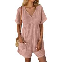 Monos De Verano Casuales Para Mujer Con Hombros Descubiertos Y Mangas Cortas Ruched Estilo Romper De Piernas Largas Con Bolsillos De Poliéster - details 2
