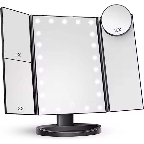 Espejo de maquillaje tocador con luz, aumento de 2X 3X 10X, espejo iluminado, control táctil, fuente de alimentación doble triple, LED portátil (negro) - 1