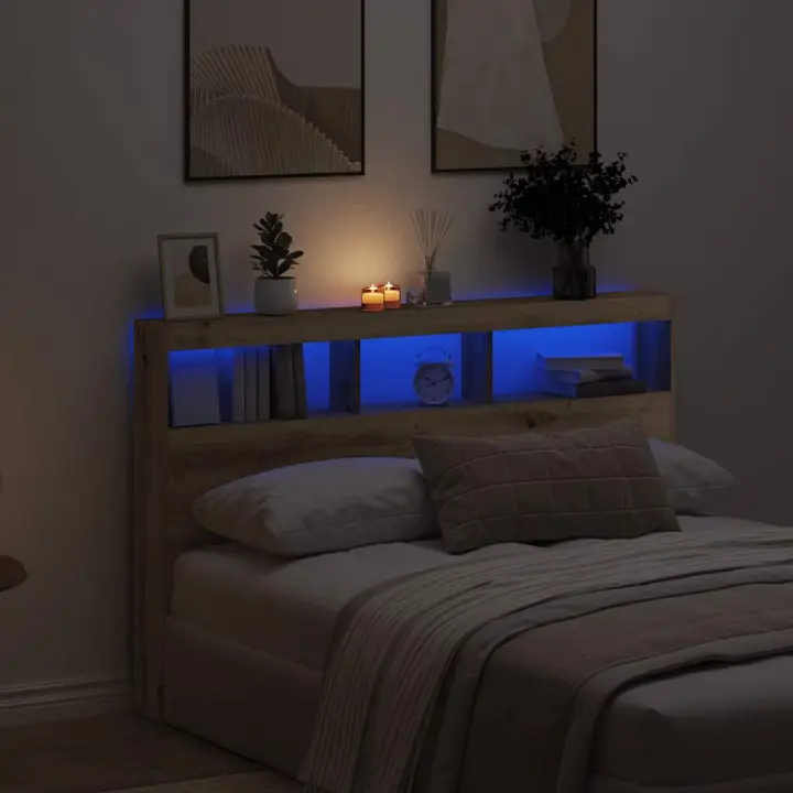 vidaXL Cabecero de cama con LED roble artesanal 160x17x102 cm - 1