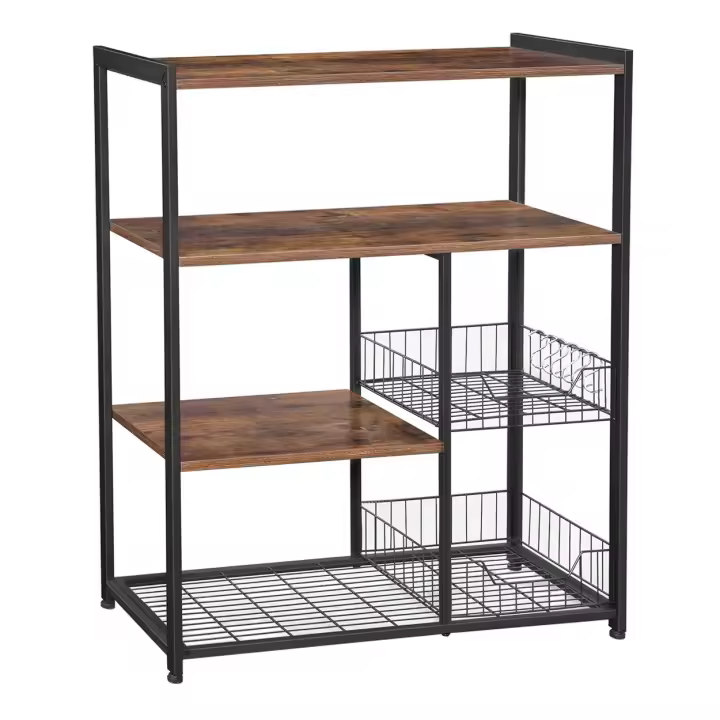 Estantería de cocina con cestas de malla y soporte para microondas, 80x35x95 cm, incluye estantes y ganchos, disponible en marrón rústico, nogal y greige - 1